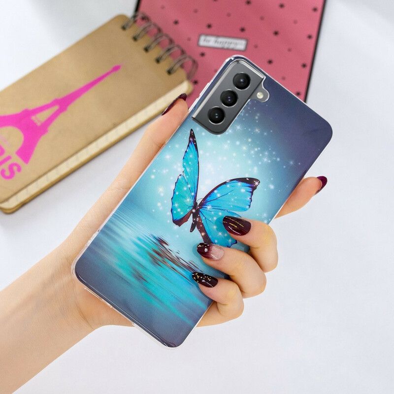 Hülle Für Samsung Galaxy S21 Fe Fluoreszierender Blauer Schmetterling