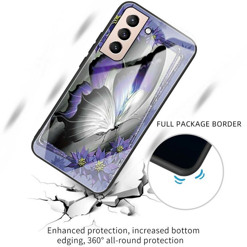 Hülle Für Samsung Galaxy S21 Fe Violettes Schmetterlings-hartglas
