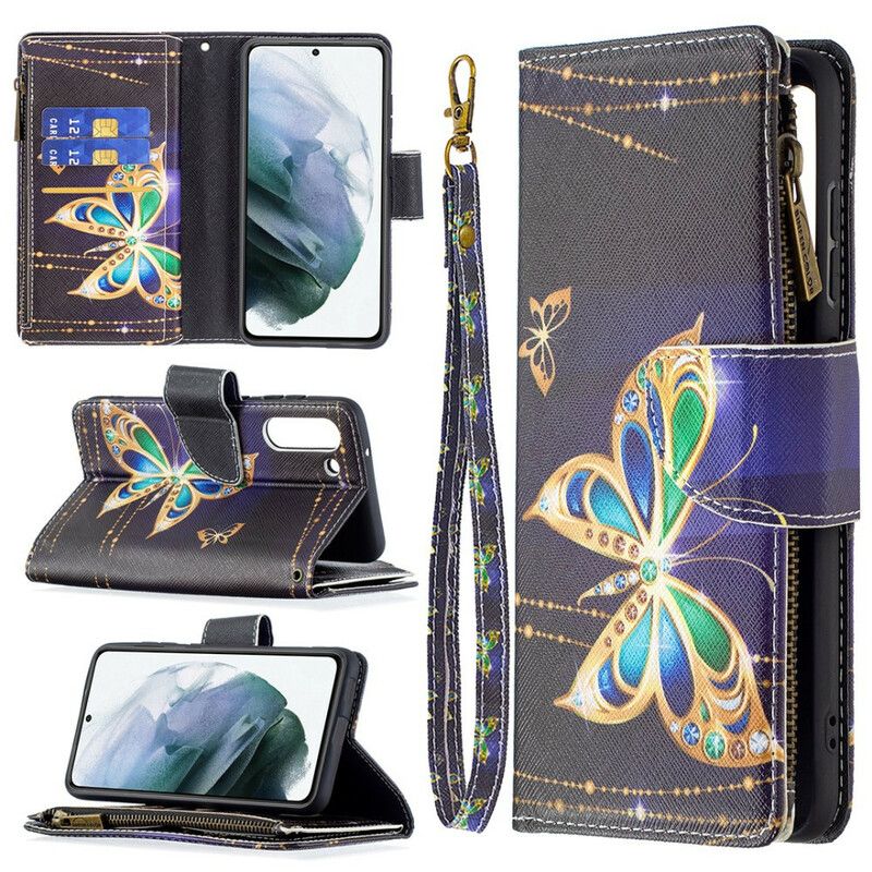 Lederhüllen Für Samsung Galaxy S21 Fe Schmetterlingstasche Mit Reißverschluss