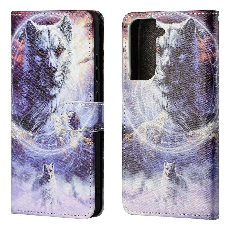 Lederhüllen Für Samsung Galaxy S21 Fe Wolf Im Winter Mit Lanyard