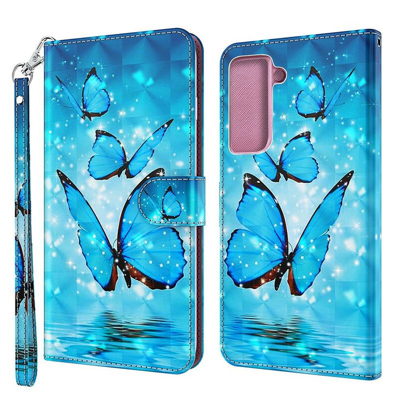 Lederhüllen Samsung Galaxy S21 Fe Handyhülle Fliegende Blaue Schmetterlinge