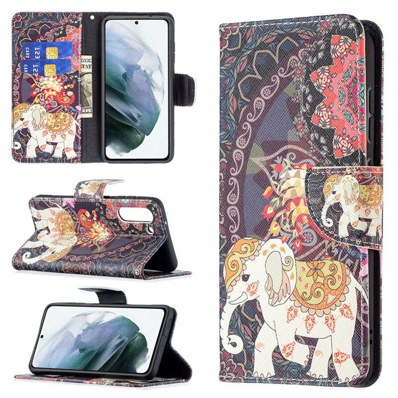 Lederhüllen Samsung Galaxy S21 Fe Handyhülle Mandala Ethnische Elefanten