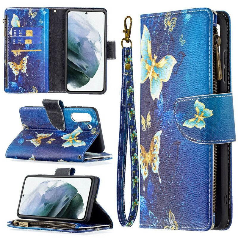 Lederhüllen Samsung Galaxy S21 Fe Schmetterlinge Schmetterlinge Reißverschlusstasche