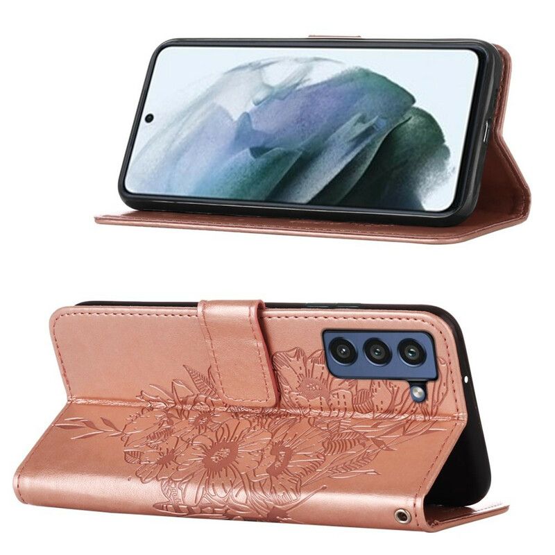Lederhüllen Samsung Galaxy S21 Fe Schmetterlingsdesign Mit Lanyard