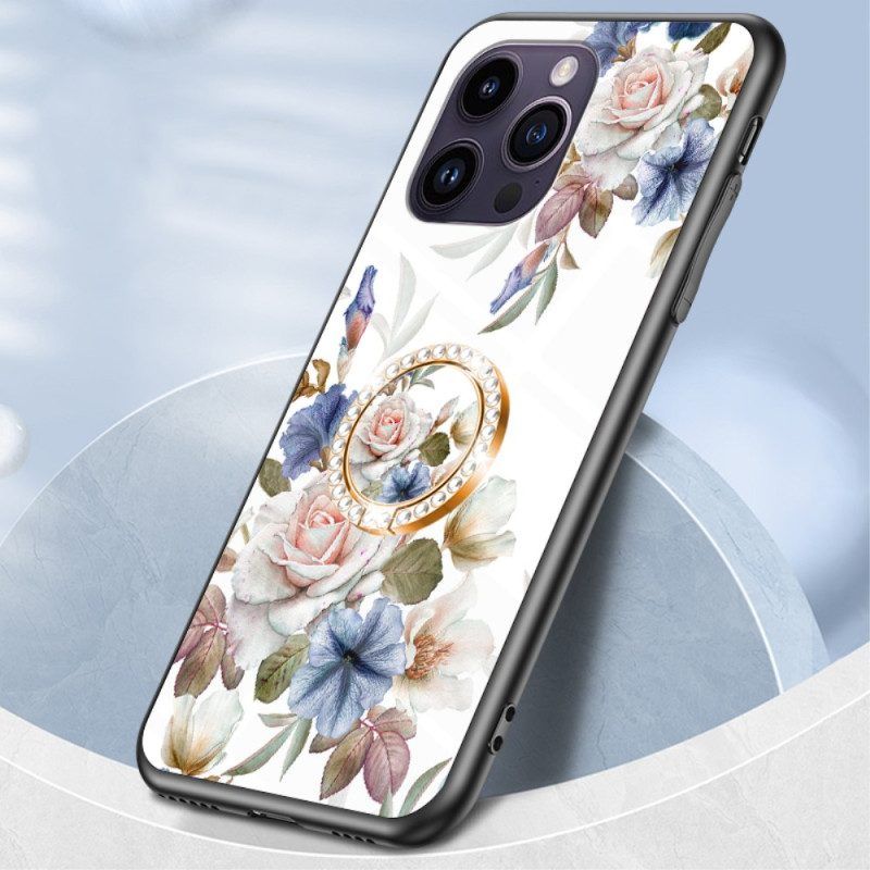 Handyhülle Für iPhone 15 Pro Max Florales Gehärtetes Glas Mit Stützring