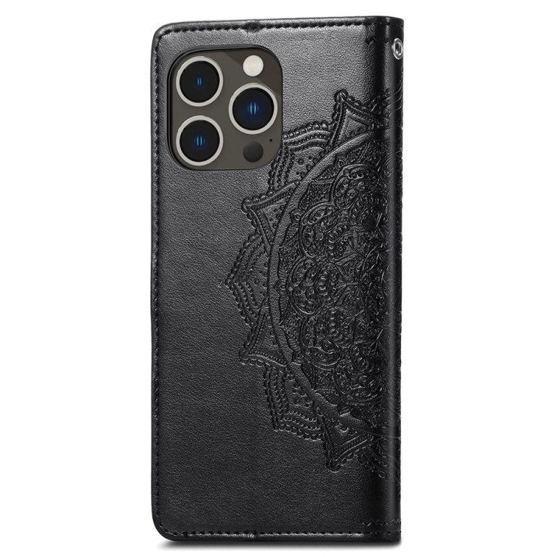 Lederhüllen Für iPhone 15 Pro Max Mit Kordel Barockes Mandala Mit Riemen