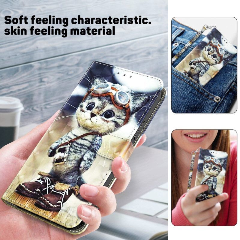 Lederhüllen Für iPhone 15 Pro Max Mit Kordel Fliegerkatze Mit Riemen