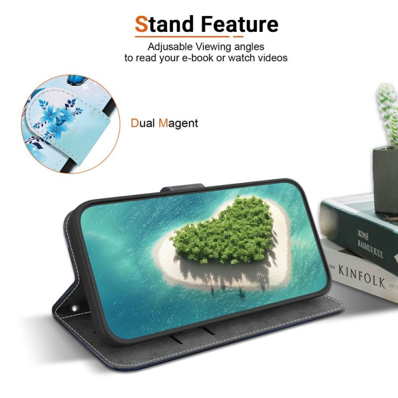 Lederhüllen Für Xiaomi Redmi Note 14s Blaue Schmetterlinge Und Kleine Blumen