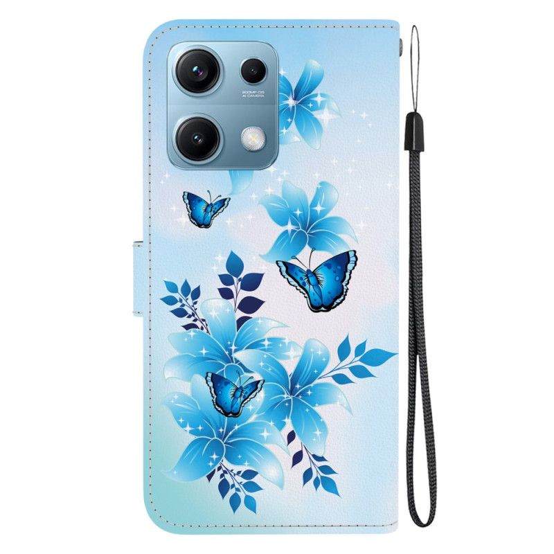 Lederhüllen Für Xiaomi Redmi Note 14s Blaue Schmetterlinge Und Kleine Blumen