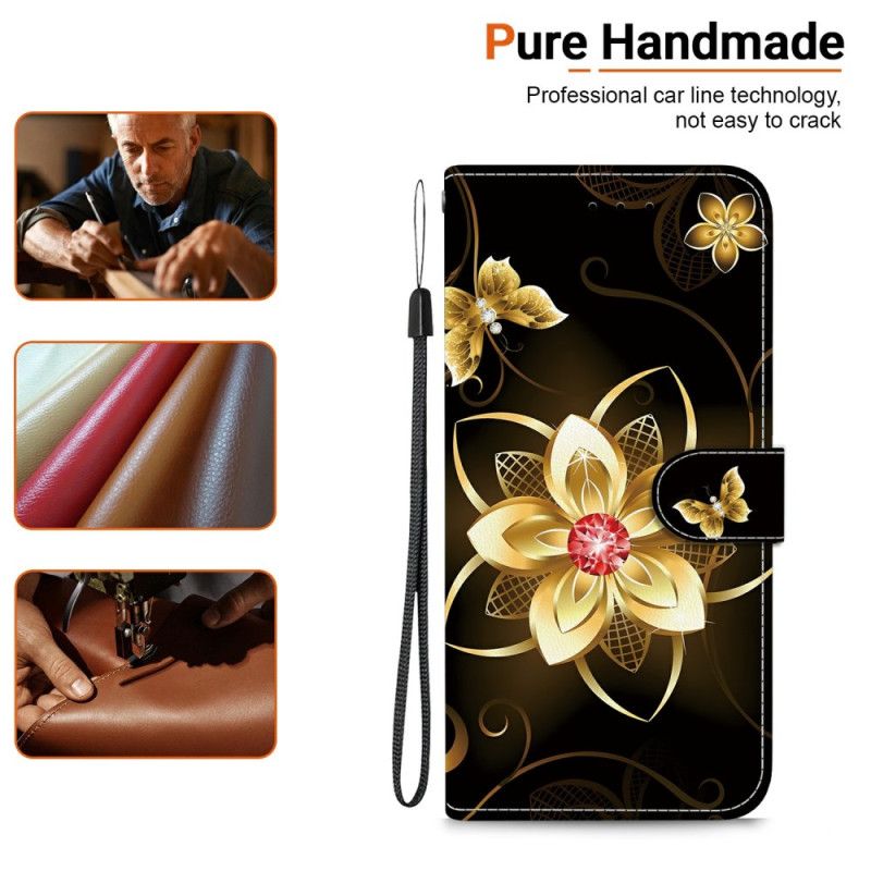 Lederhüllen Xiaomi Redmi Note 14s Goldenes Blumenmuster