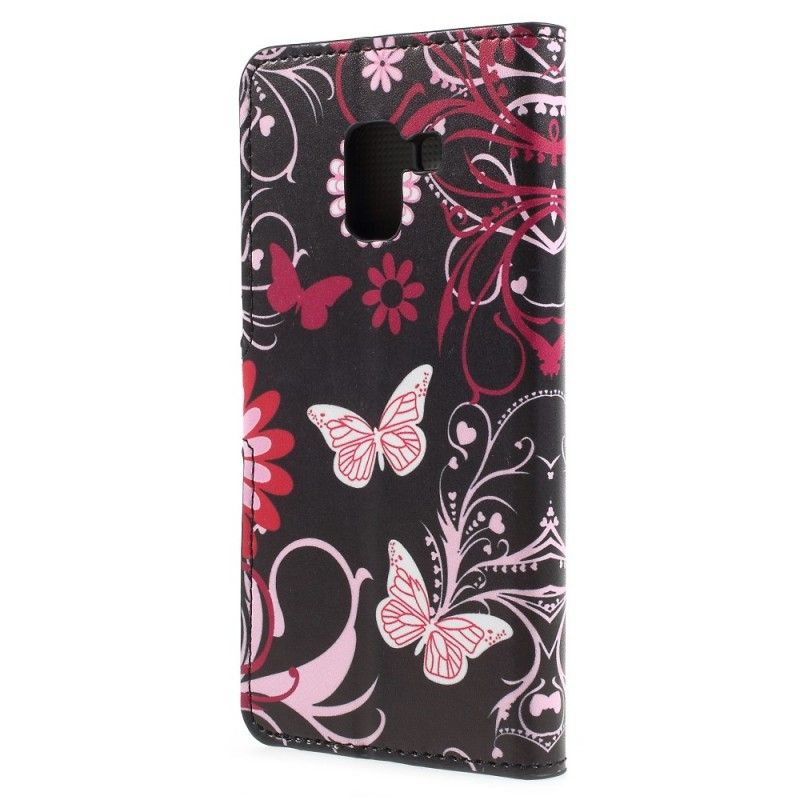 Lederhüllen Samsung Galaxy A8 Schwarz Schmetterlinge Und Blumen