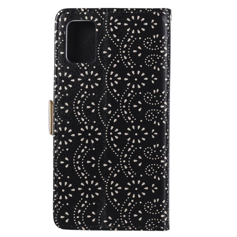 Lederhüllen Samsung Galaxy A51 5G Schwarz Geldbörse Aus Spitzenstring