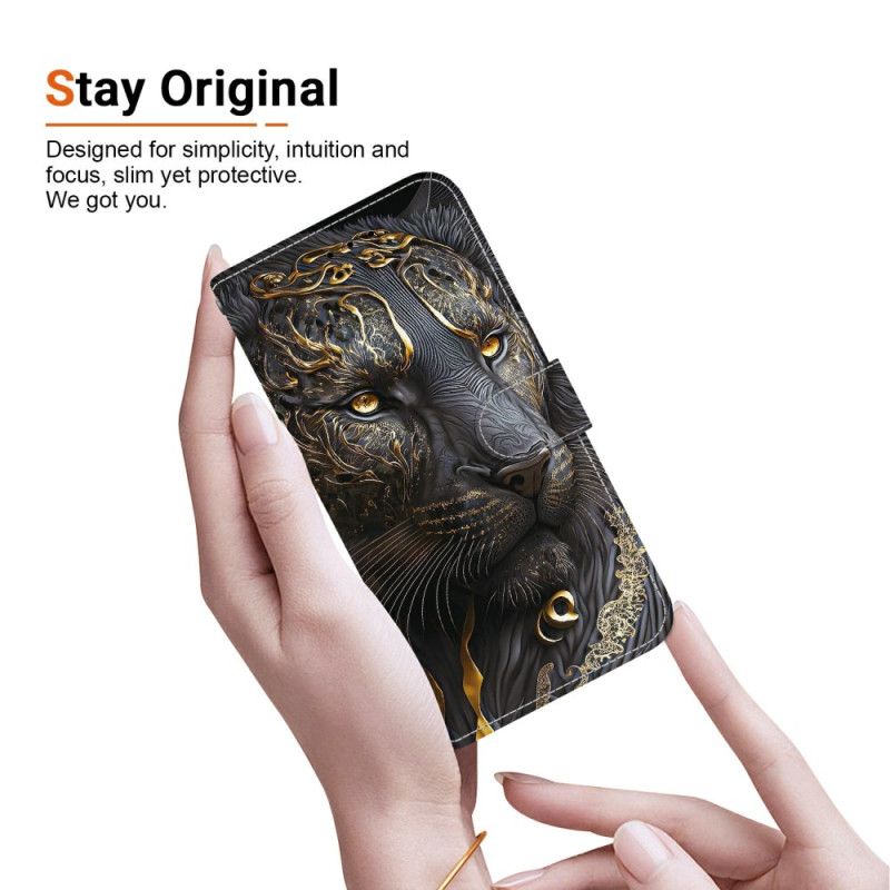 Lederhüllen Für Xiaomi Redmi Note 15 Pro Plus 5g Schwarzer Und Goldener Löwe