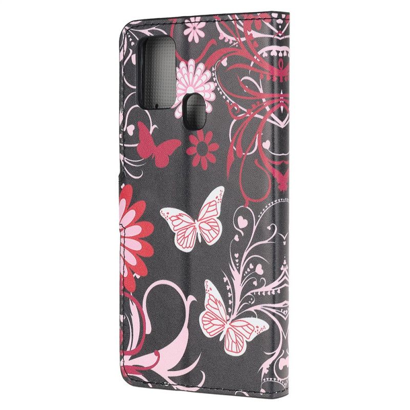 Lederhüllen Honor 9X Lite Schwarz Schmetterlinge Und Blumen