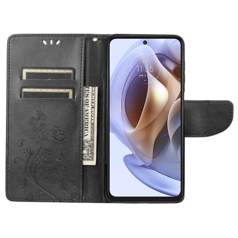 Flip Case Für Moto G51 5G Mit Kordel Prächtige Riemenschmetterlinge