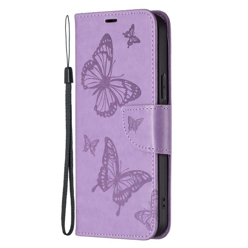 Lederhüllen Für Xiaomi Redmi Note 12 Pro Mit Kordel Riemchen Mit Schmetterlingen-print