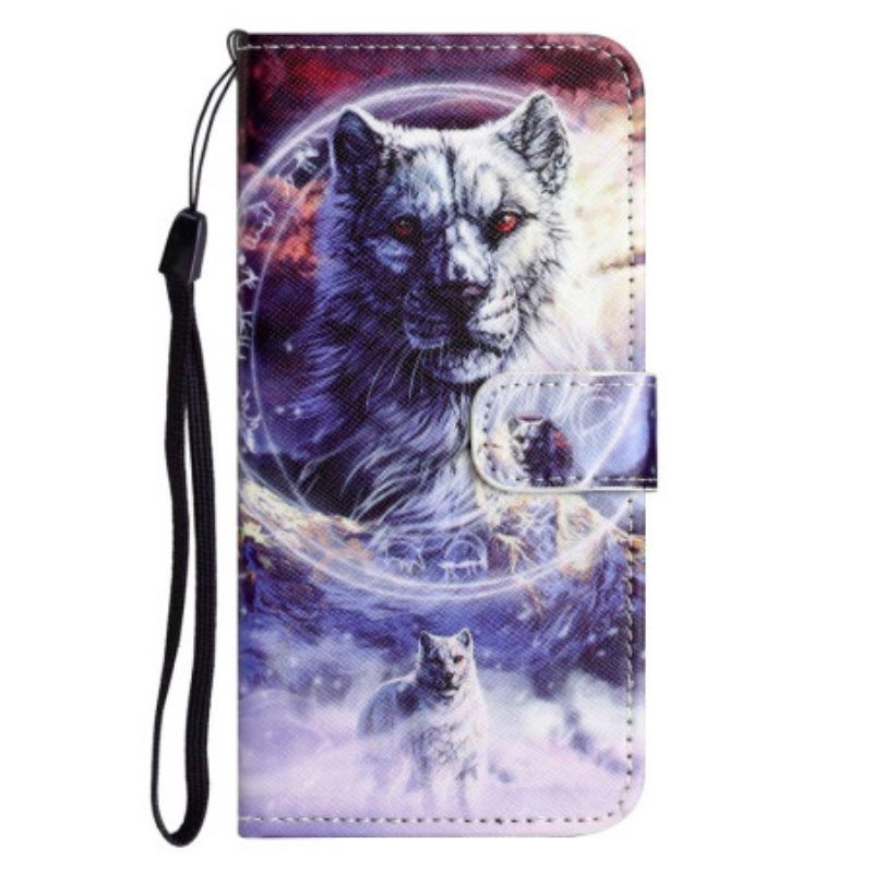 Flip Case Für Samsung Galaxy S23 5G Mit Kordel Schlüsselband Wolf