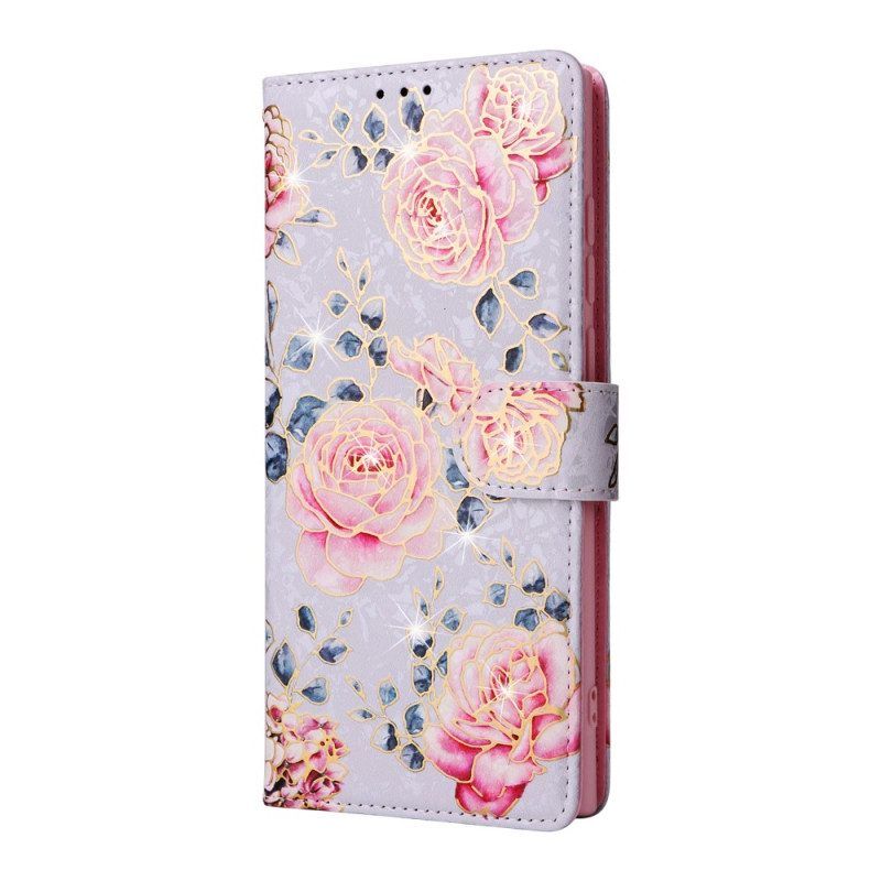 Flip Case Für Samsung Galaxy S23 Ultra 5G Rfid-blumen Mit Schlüsselband