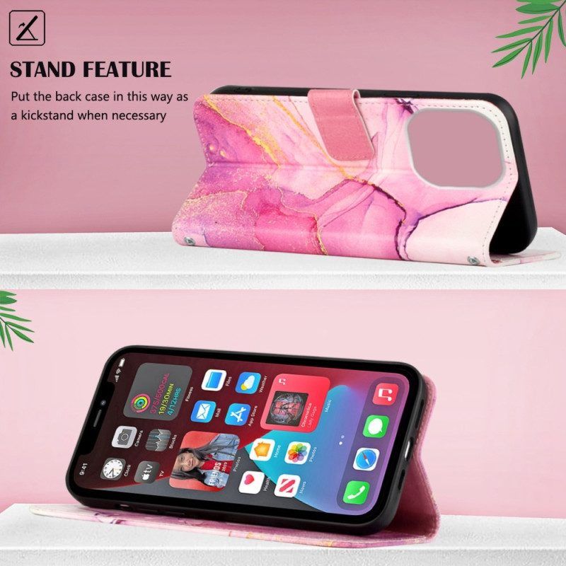 Lederhüllen Für iPhone 14 Pro Max Mit Kordel Streifenmarmor
