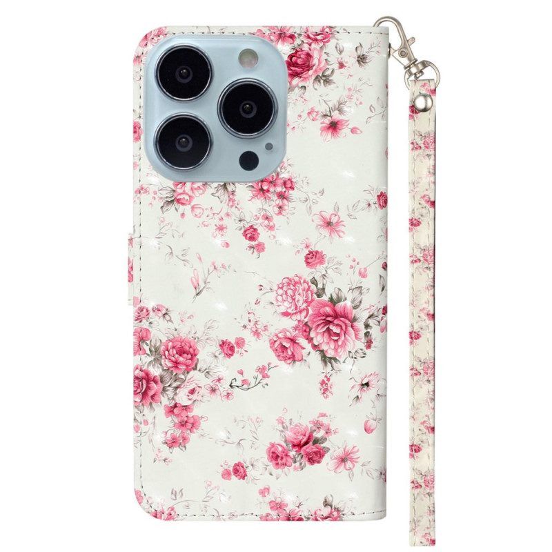 Flip Case Für iPhone 15 Pro Mit Kordel 3d-blumen Mit Riemen
