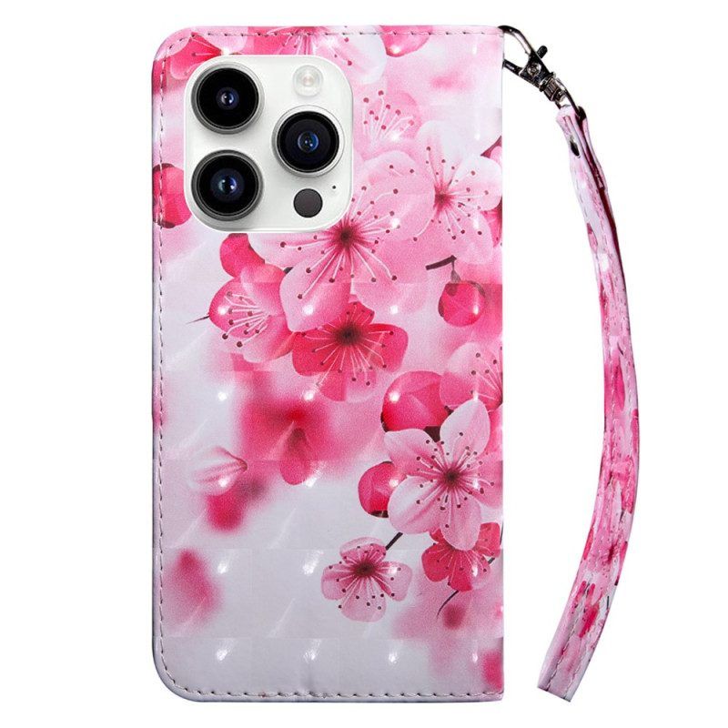 Flip Case Für iPhone 15 Pro Mit Kordel Riemenblumen