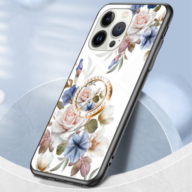 Hülle Für iPhone 15 Pro Florales Gehärtetes Glas Mit Stützring
