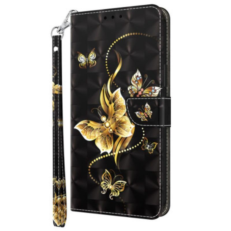 Lederhüllen Für iPhone 15 Pro Mit Kordel Goldene Schmetterlinge Mit Riemen