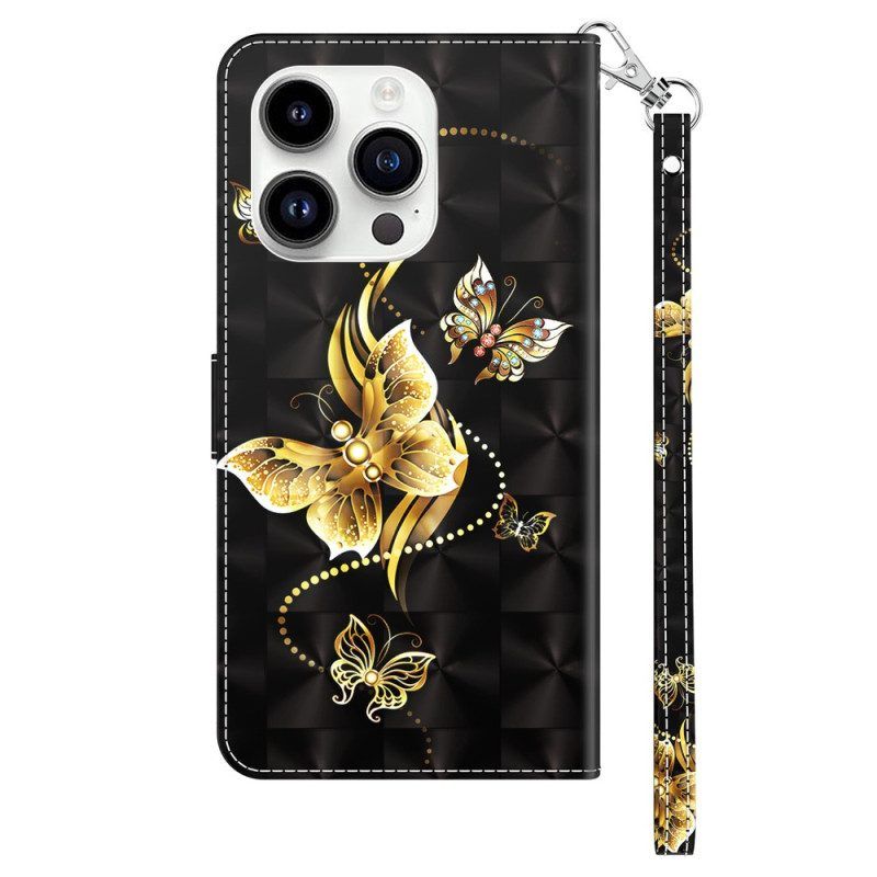 Lederhüllen Für iPhone 15 Pro Mit Kordel Goldene Schmetterlinge Mit Riemen