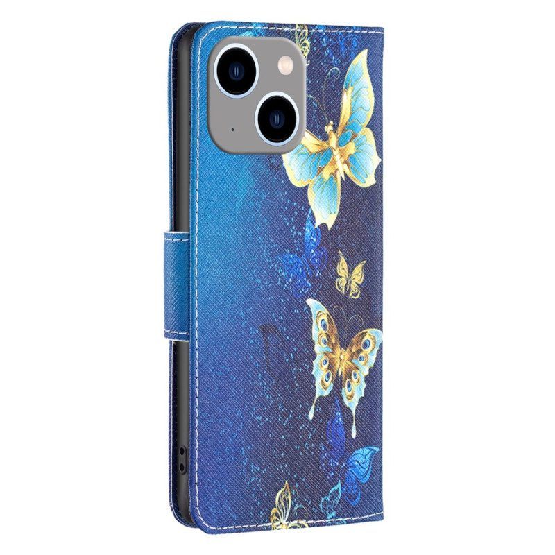 Lederhüllen Für iPhone 15 Pro Schmetterlinge Auf Blauem Hintergrund
