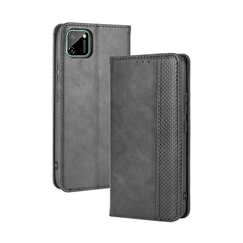 Flip Case Realme C11 Schwarz Stilisierter Vintage-Ledereffekt