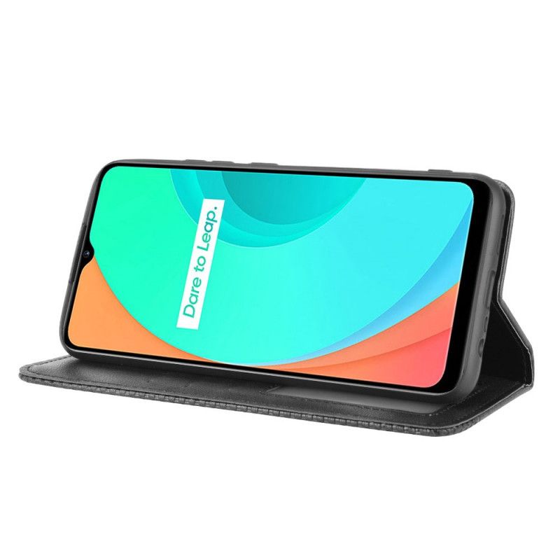 Flip Case Realme C11 Schwarz Stilisierter Vintage-Ledereffekt