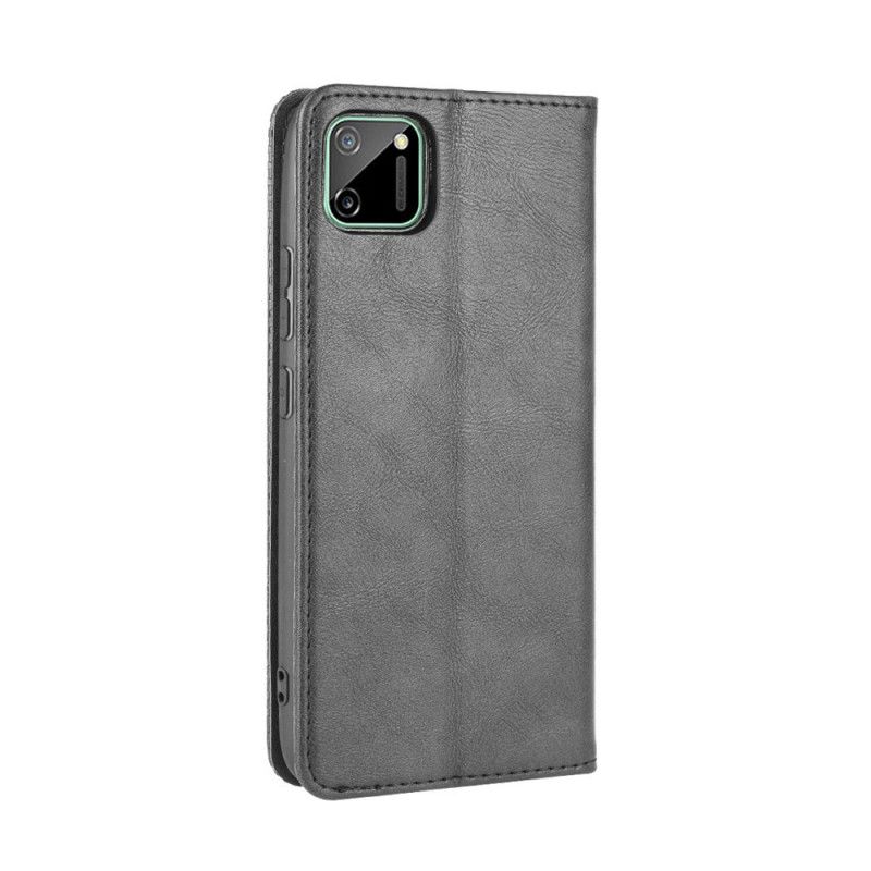 Flip Case Realme C11 Schwarz Stilisierter Vintage-Ledereffekt
