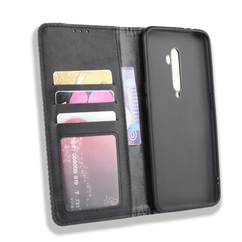 Flip Case Oppo Reno 2 Schwarz Stilisierter Vintage-Ledereffekt