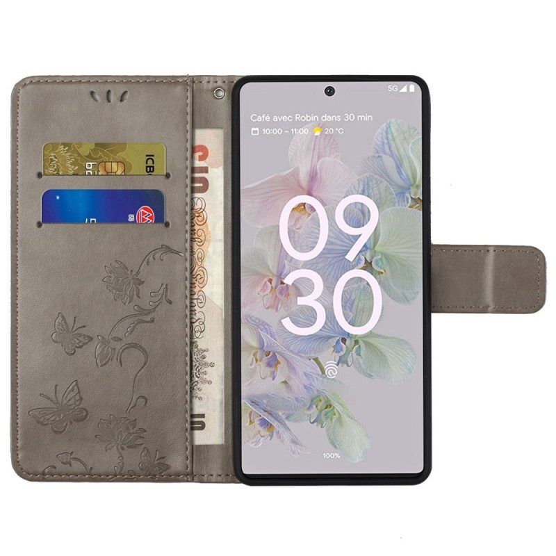 Flip Case Für Google Pixel 6A Mit Kordel Blumen Und Schmetterlinge Mit Riemen