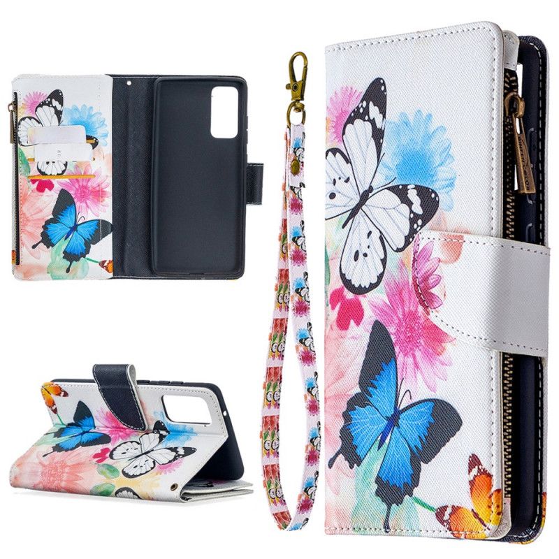 Lederhüllen Für Samsung Galaxy S20 FE Schwarz Schmetterlings-Reißverschlusstasche