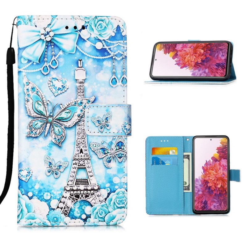 Lederhüllen Samsung Galaxy S20 FE Eiffelturm-Schmetterlingsband