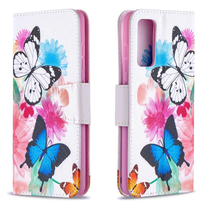 Lederhüllen Samsung Galaxy S20 FE Magenta Bemalte Schmetterlinge Und Blumen