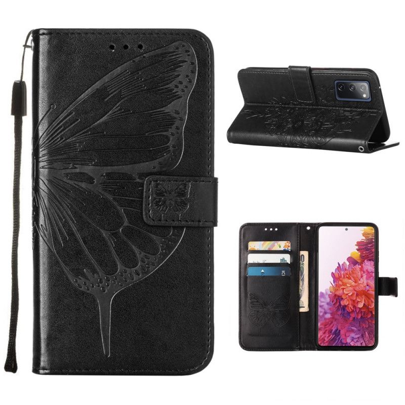 Lederhüllen Samsung Galaxy S20 FE Schwarz Designer-Schmetterling Mit Riemen
