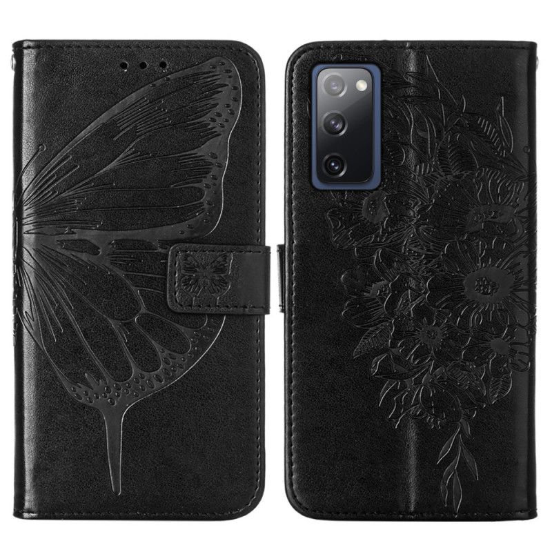 Lederhüllen Samsung Galaxy S20 FE Schwarz Designer-Schmetterling Mit Riemen