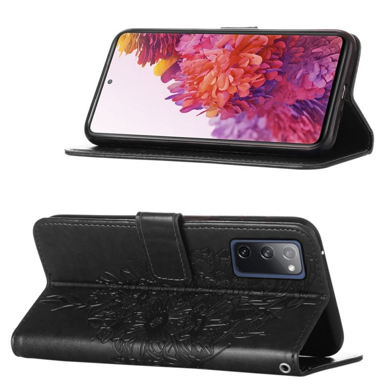 Lederhüllen Samsung Galaxy S20 FE Schwarz Designer-Schmetterling Mit Riemen