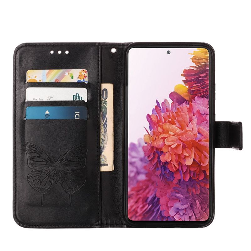 Lederhüllen Samsung Galaxy S20 FE Schwarz Designer-Schmetterling Mit Riemen