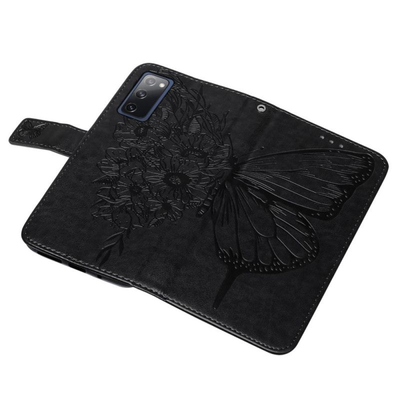 Lederhüllen Samsung Galaxy S20 FE Schwarz Designer-Schmetterling Mit Riemen