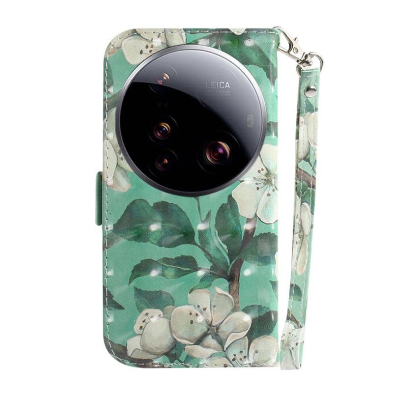 Lederhüllen Xiaomi 15 Ultra Weiße Blumen Mit Umhängeband