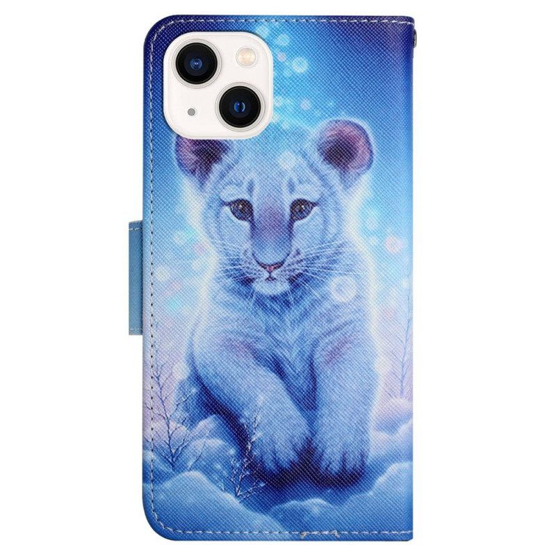 Flip Case Für iPhone 15 Mit Kordel Baby-leopard Mit Riemen