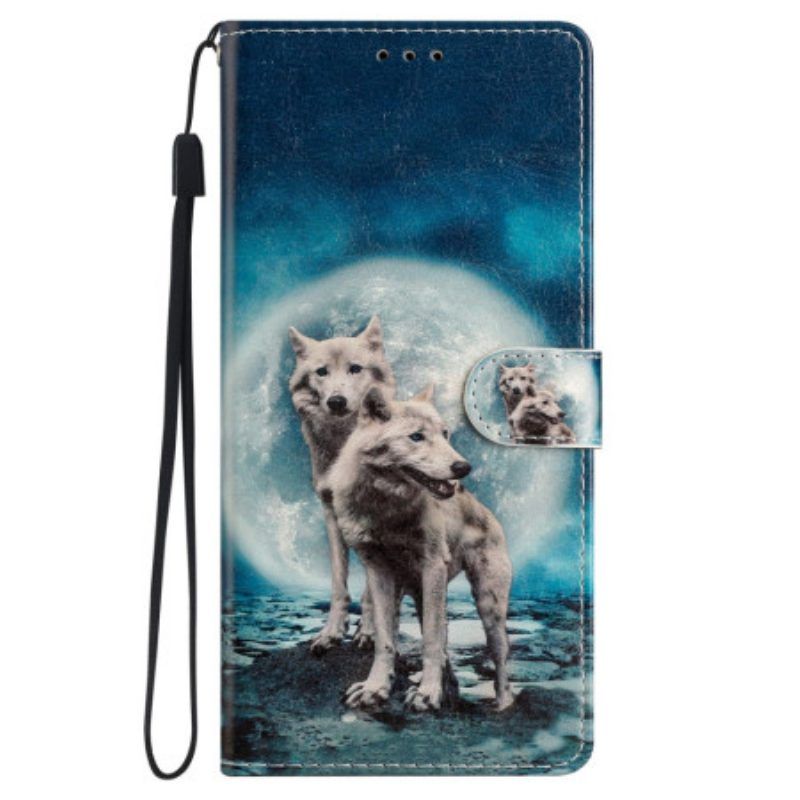 Flip Case Für iPhone 15 Mit Kordel Schlüsselband „wölfe Unter Dem Mond“.