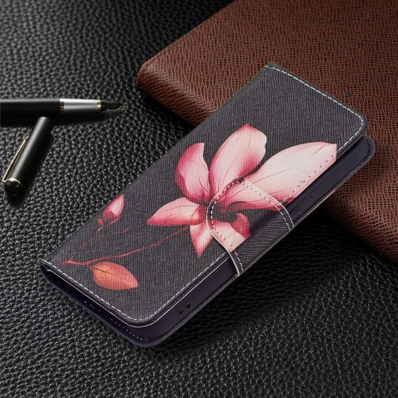 Flip Case Für iPhone 15 Rosa Blume Auf Schwarzem Hintergrund