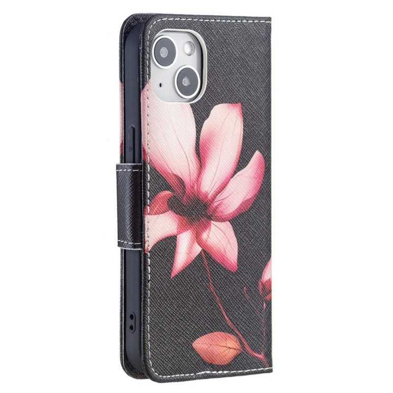 Flip Case Für iPhone 15 Rosa Blume Auf Schwarzem Hintergrund