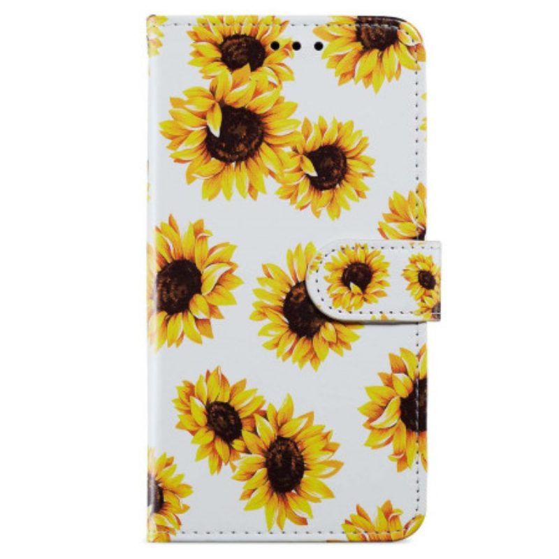 Lederhüllen Für iPhone 15 Mit Kordel Riemen Sonnenblumen