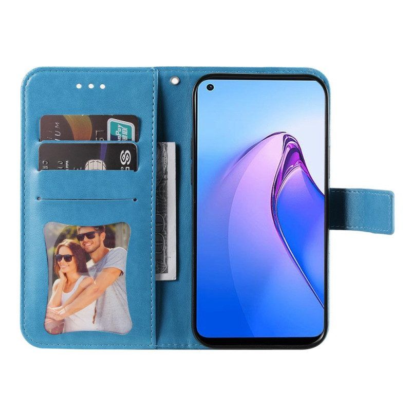 Flip Case Für Oppo Reno 8 Mit Kordel Riemchenblumenmuster