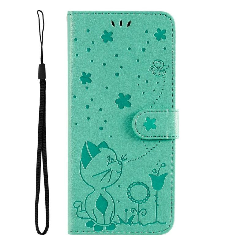 Flip Case Für Xiaomi 12 Lite Mit Kordel Katze Und Biene Mit Schlüsselband